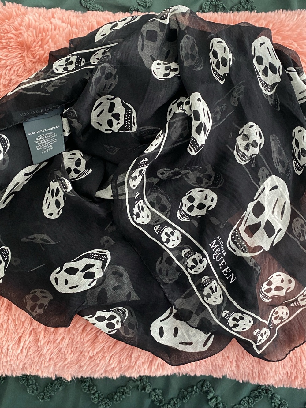 Alexander McQueen Black Silk Scarf with White Skull Print
